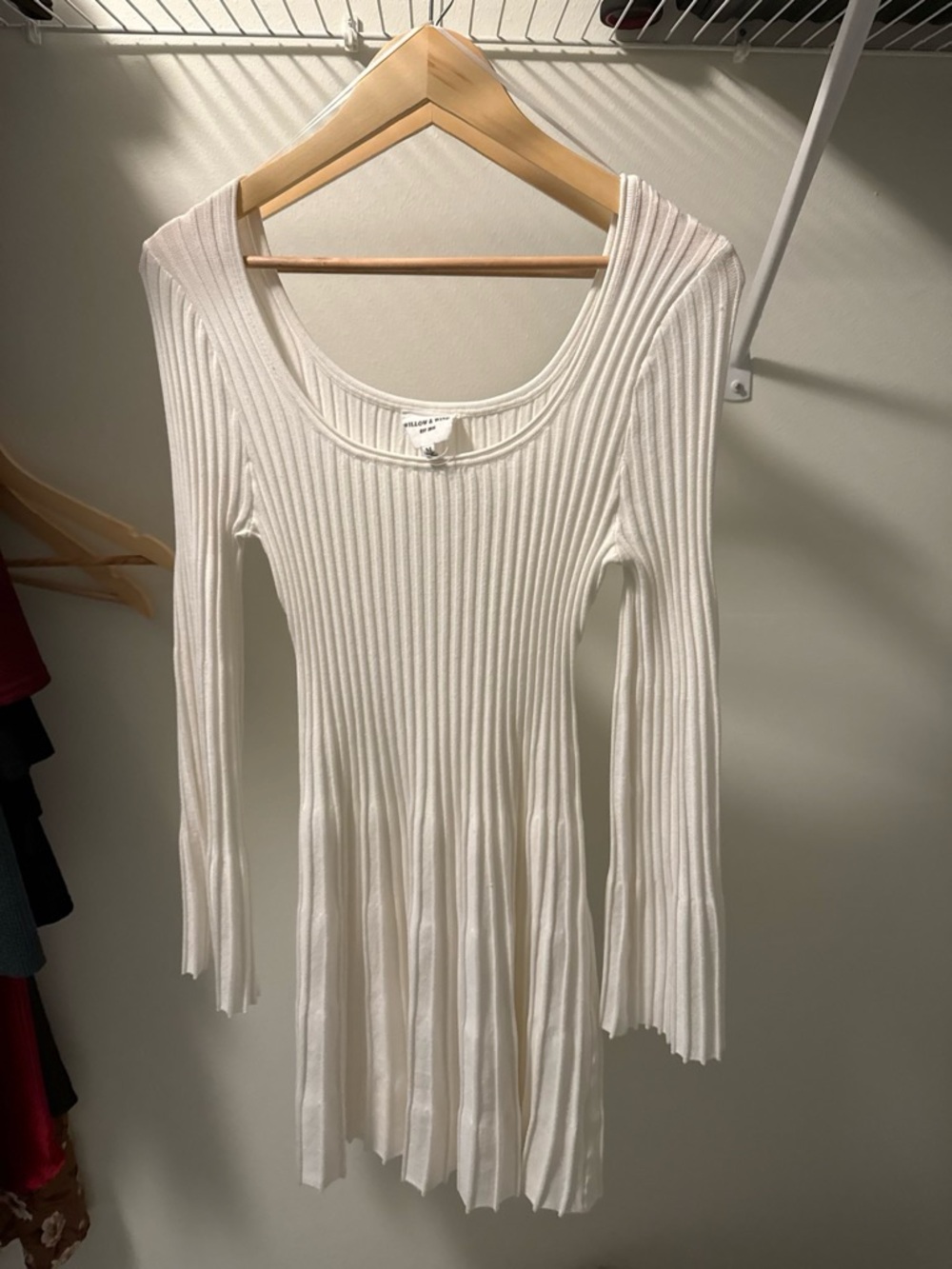 Ribbed Long Sleeve Scoop Neck Dress - White